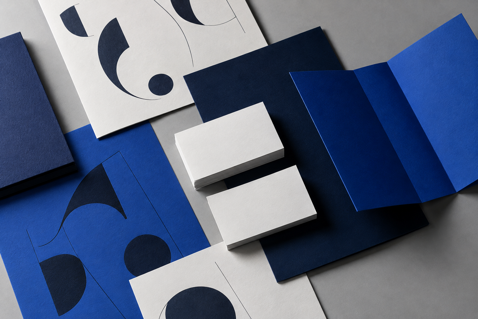 Cobalt blue and white brand stationery arranged on a studio surface